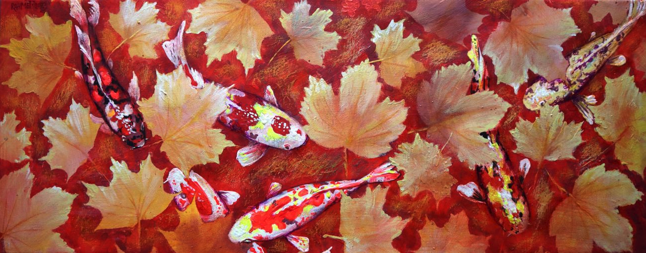 Yello Leaves and Colored Koi Fish in Red Bottom Pool.