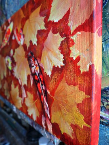 Yello Leaves and Colored Koi Fish in Red Bottom Pool.