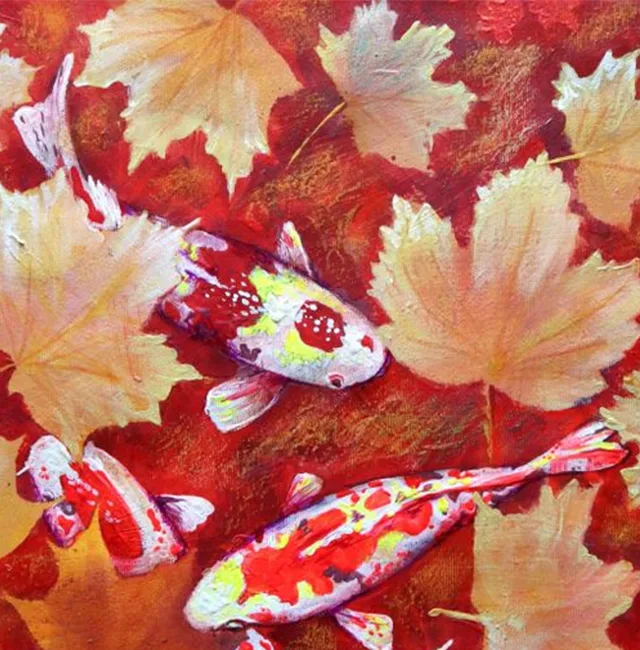 Yello Leaves and Colored Koi Fish in Red Bottom Pool.