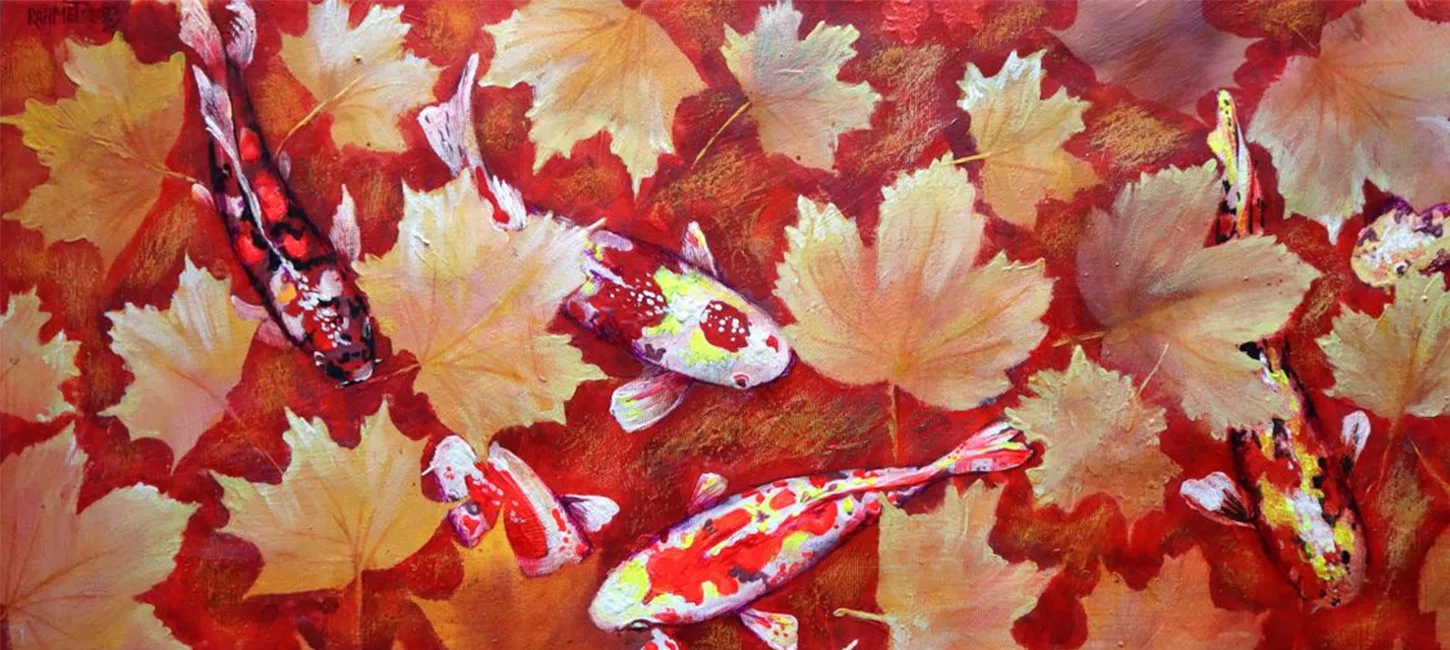 Yello Leaves and Colored Koi Fish in Red Bottom Pool.