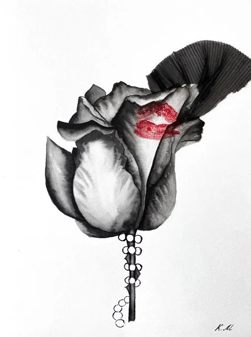 Kiss on a black rose in a veil