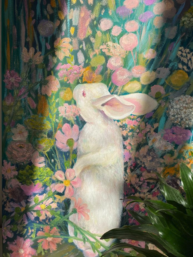 White rabbit in flowers