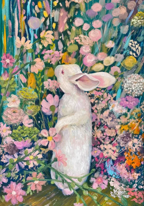 White rabbit in flowers
