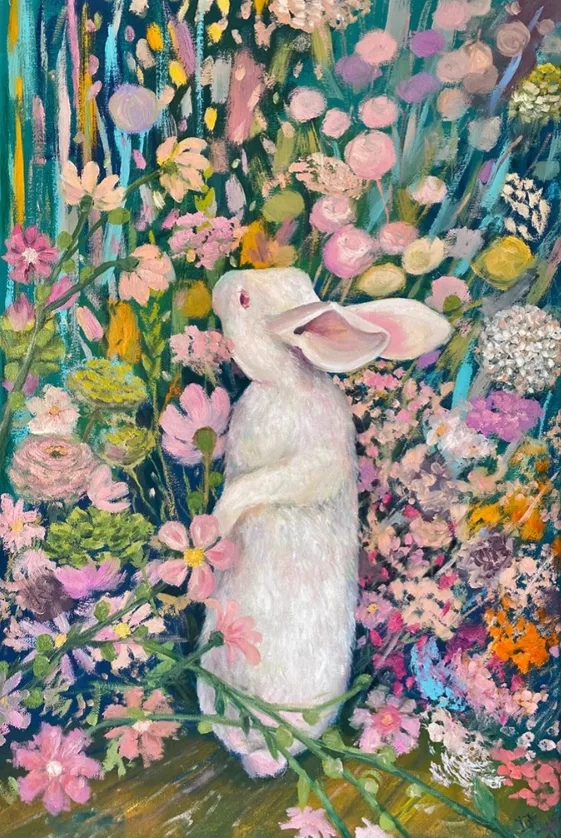 White rabbit in flowers