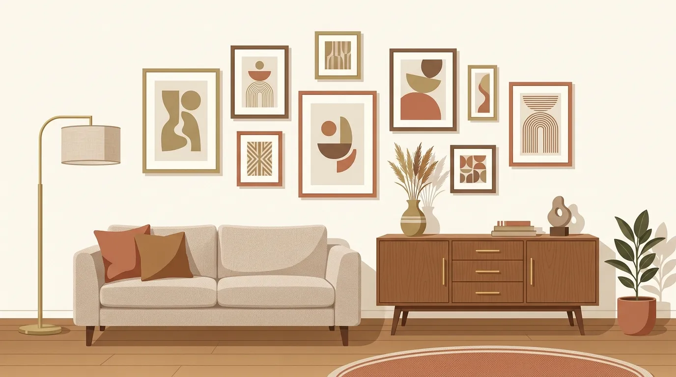部屋の壁にバランスよく絵画を配置したインテリアのイメージ(イラスト)