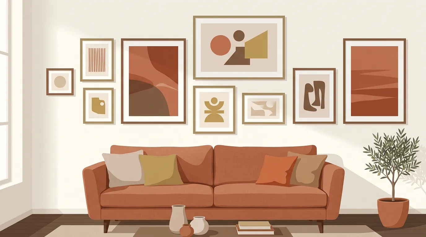 大きさの異なる絵画をソファ上に並べたサイズ比較のイメージ(イラスト)