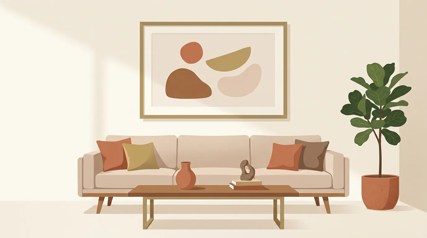 リビングのソファ上に大きな絵画を飾ったイメージ(イラスト)