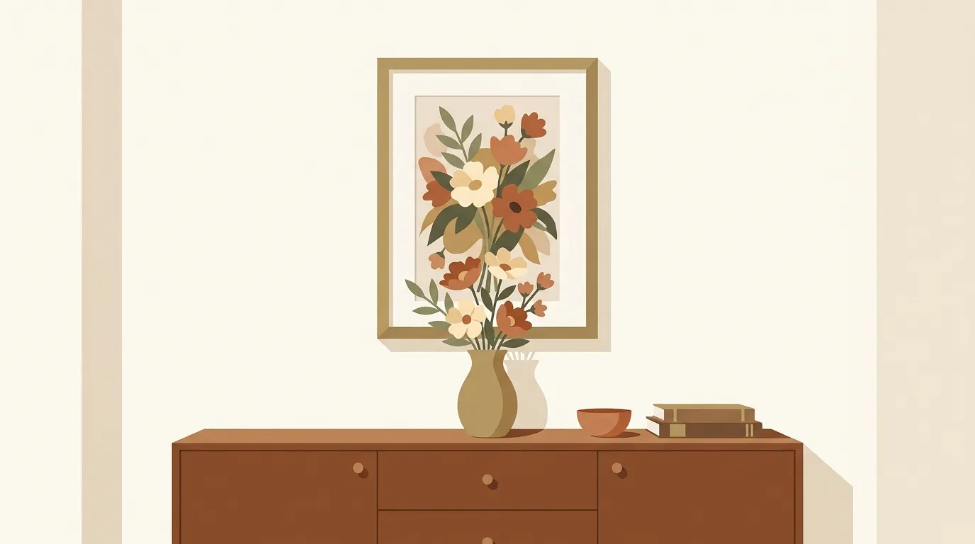 花の絵を飾って部屋を華やかにするイメージ(イラスト)