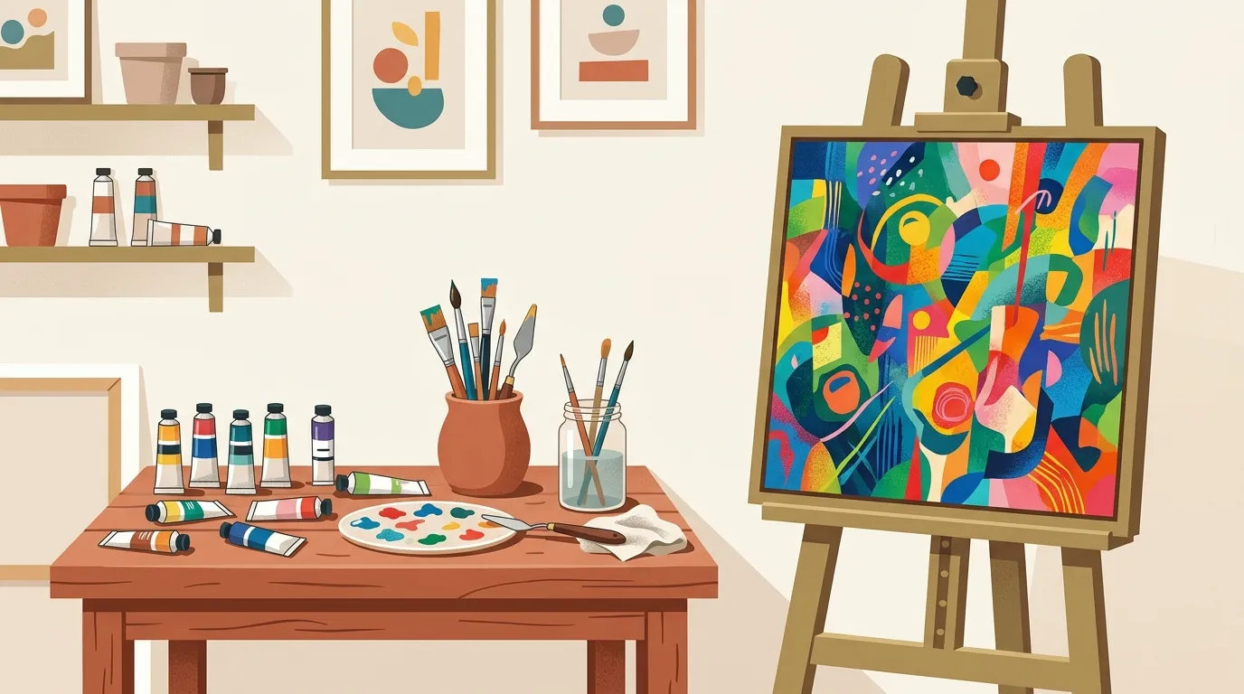 アクリル絵の具と制作中のアクリル画のイメージ（イラスト）