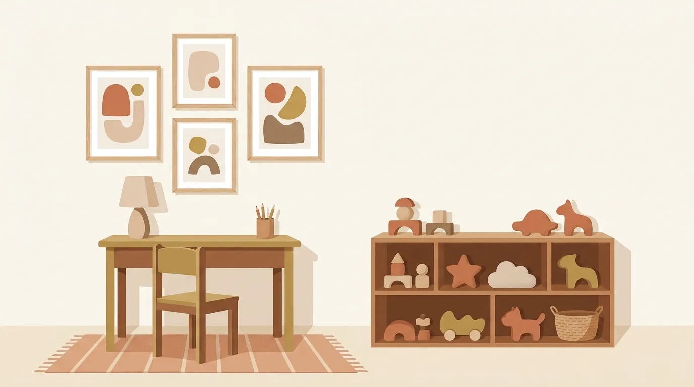 子ども部屋に明るい色彩のアートを飾ったイメージ(イラスト)