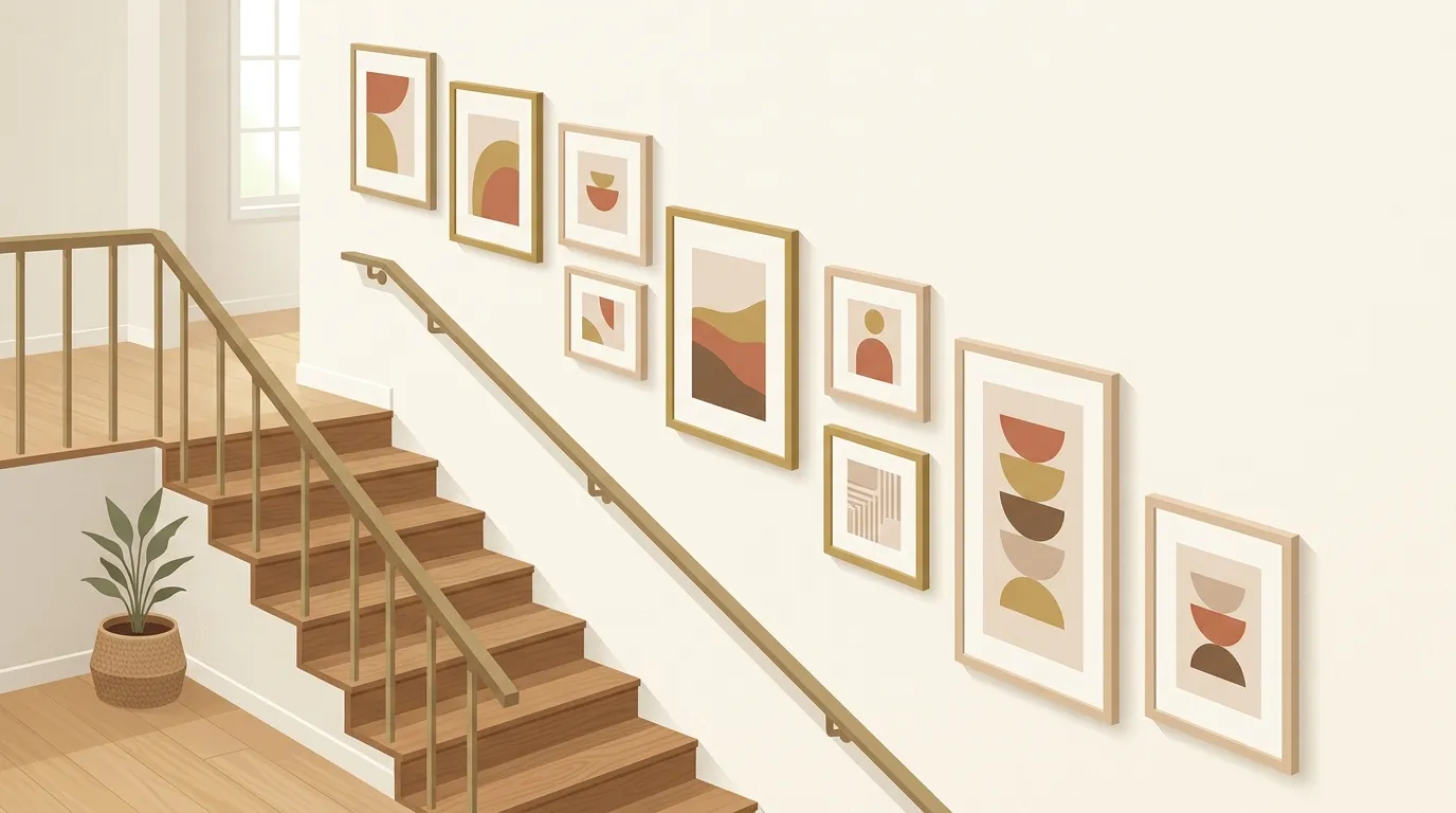 階段の壁に沿って絵を飾ったイメージ(イラスト)