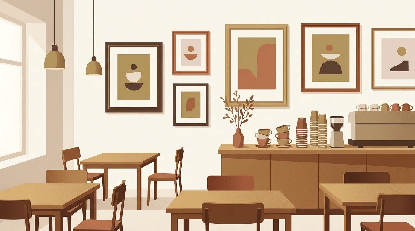 カフェの壁にアートを飾ったイメージ（イラスト）