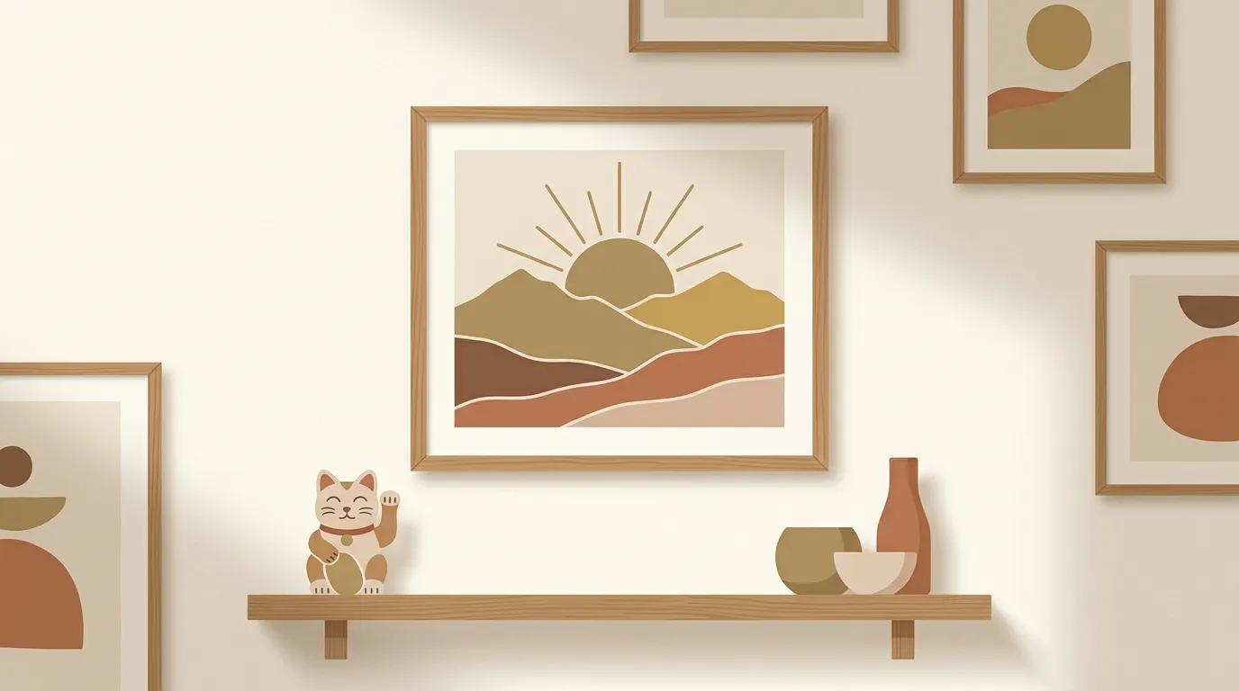 縁起の良いモチーフの絵を飾るイメージ（イラスト）