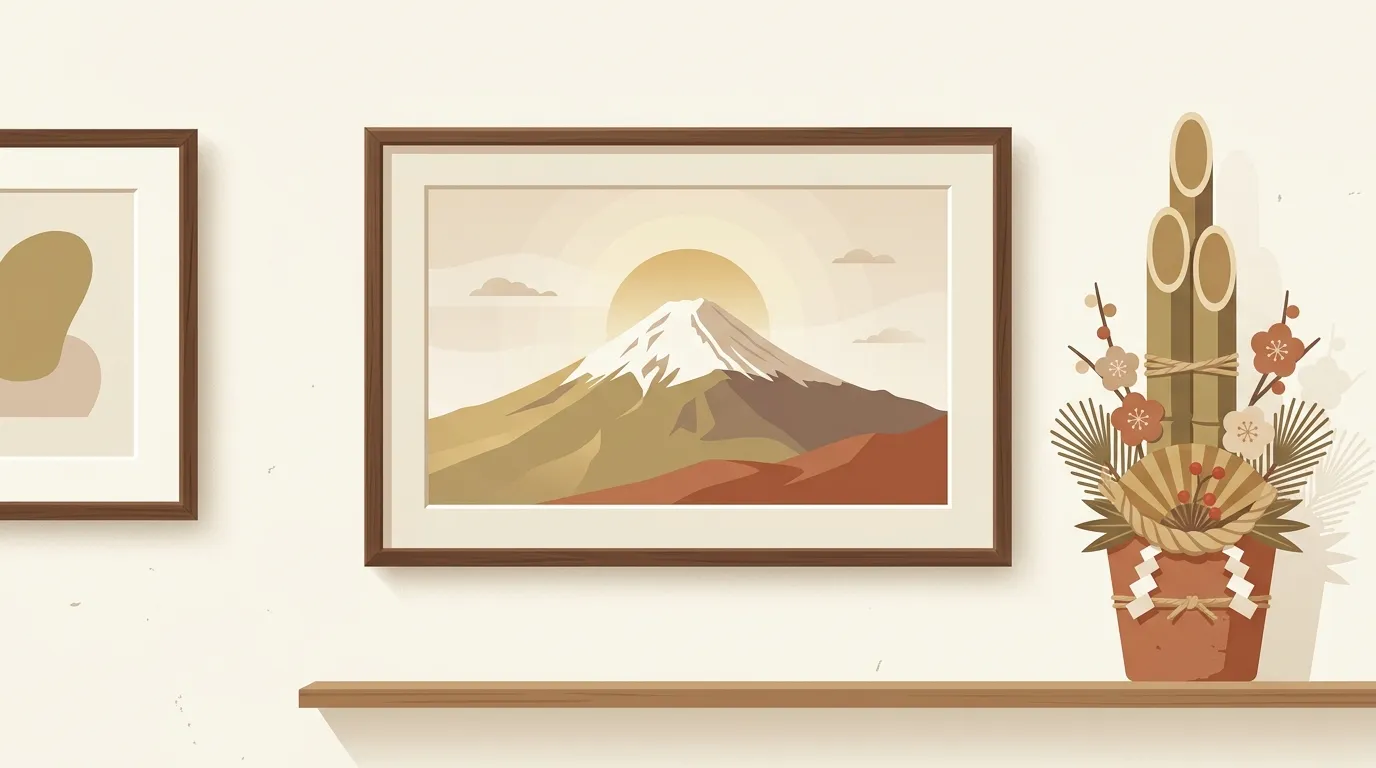 お正月に縁起の良い絵を飾るイメージ(イラスト)