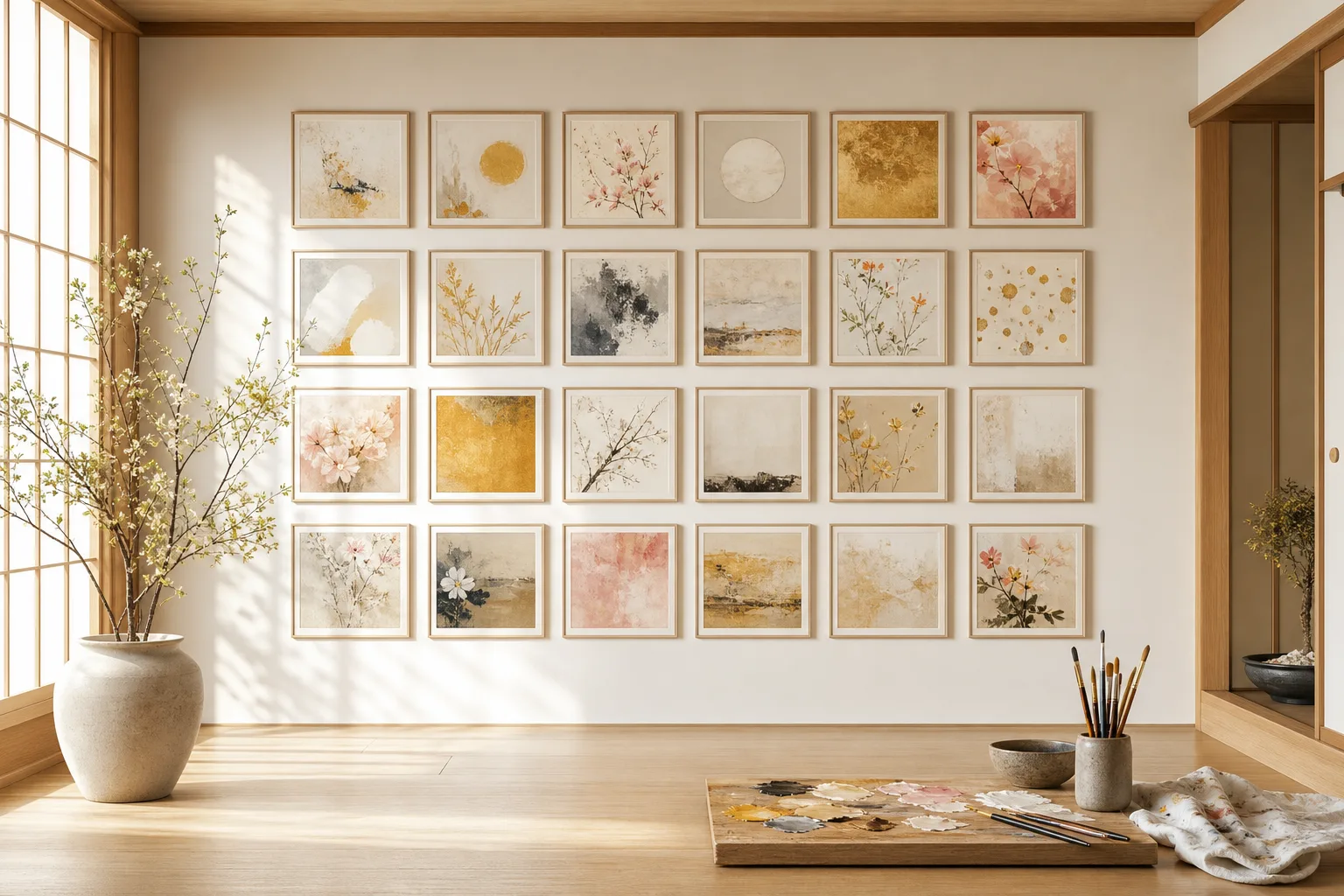 日本家屋の壁に多数の小さな絵画が並ぶギャラリーウォール