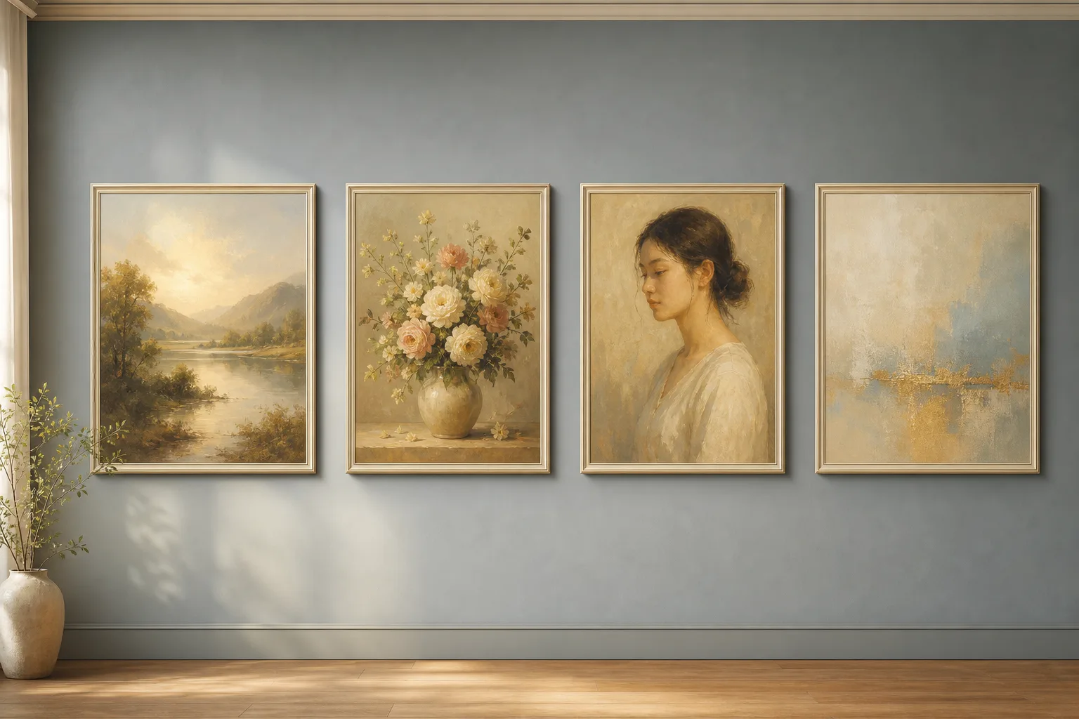 風景・静物・人物・抽象の4つの様式の絵画が並ぶ展示壁